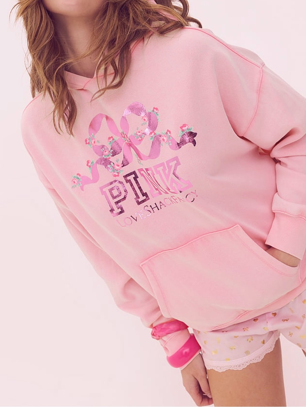 New S M Victoria Secret PINK LoveShackFancy Bling Sweatshirt Jacket Hoodie